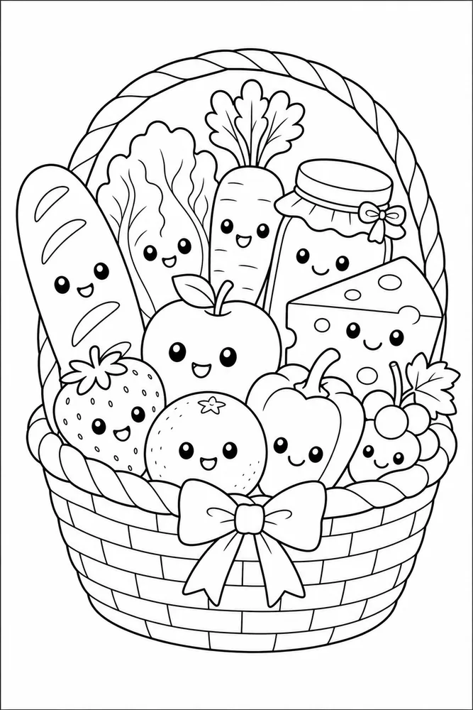 Kawaii Food Kawaii Food Market Basket coloring page