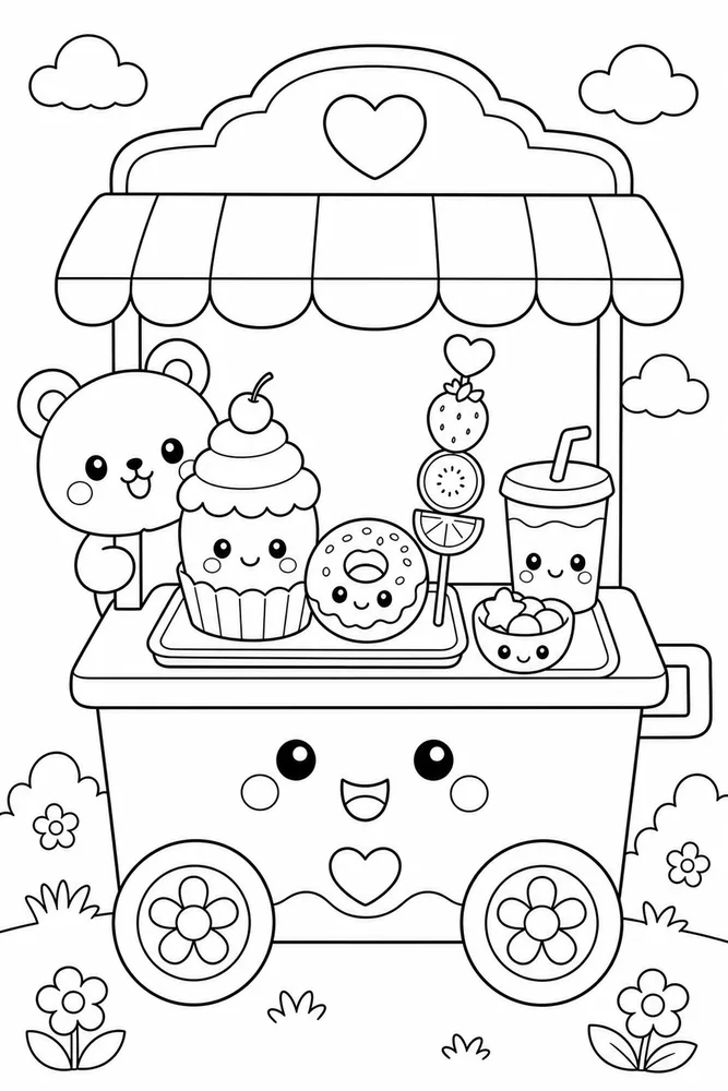 Kawaii Food Kawaii Food Serving Cart coloring page