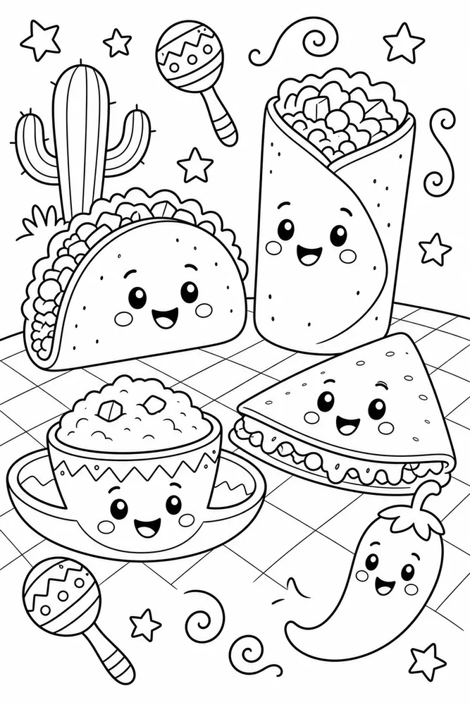Mexican Food Mexican Food Cute Face Version coloring page