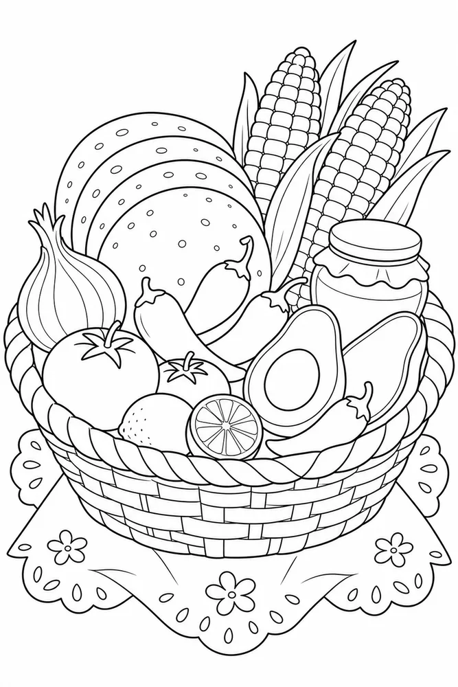 Mexican Food Coloring Pages preview: Mexican Food Mexican Food Market Basket coloring page