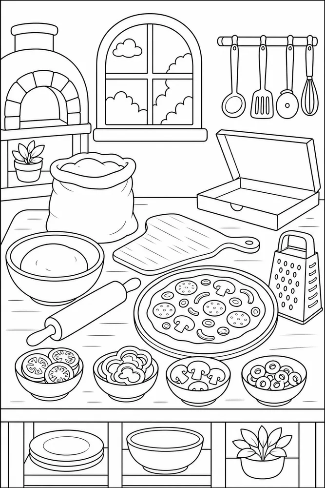 Pizza Food Pizza Kitchen Counter coloring page
