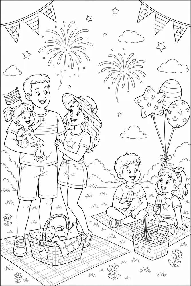 Happy 4th of July Happy 4th of july family scene coloring page