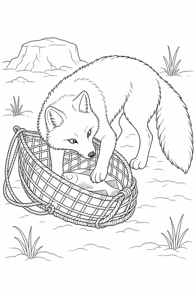 Arctic Fox Arctic fox activity scene coloring page