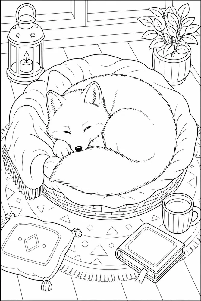Arctic Fox Arctic fox cozy indoor moment coloring page