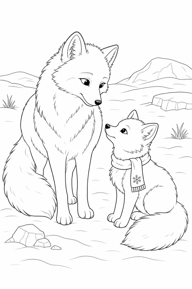 Arctic Fox Arctic fox family scene coloring page