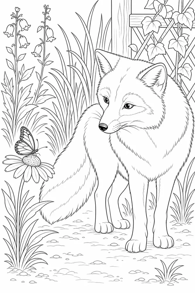 Arctic Fox Arctic fox garden setting coloring page