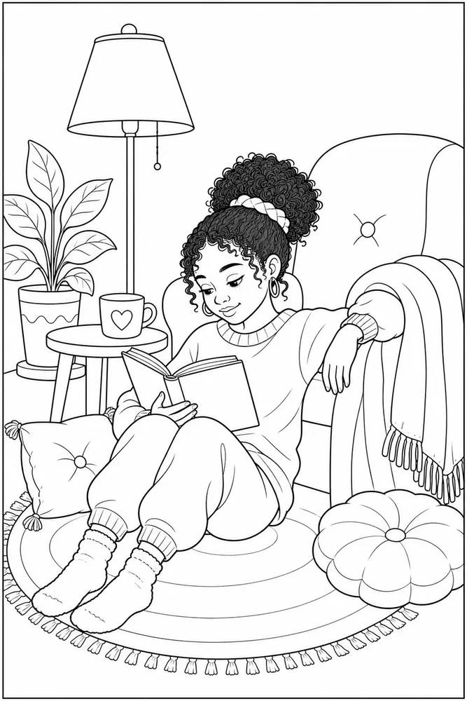 Black Girl Black girl cozy indoor moment coloring page