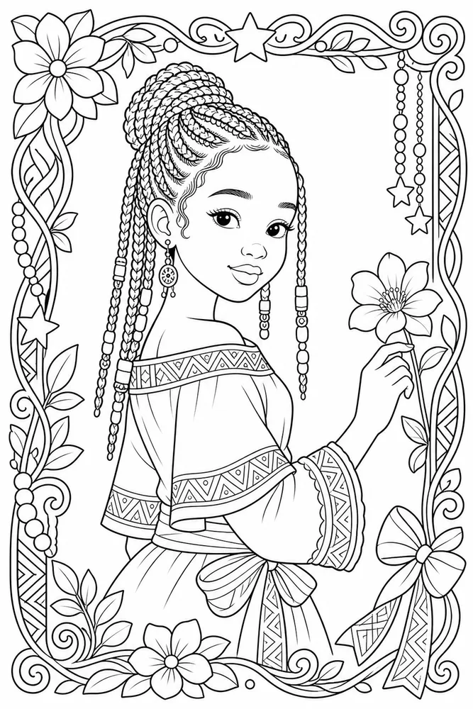 Black Girl Black girl decorative border coloring page