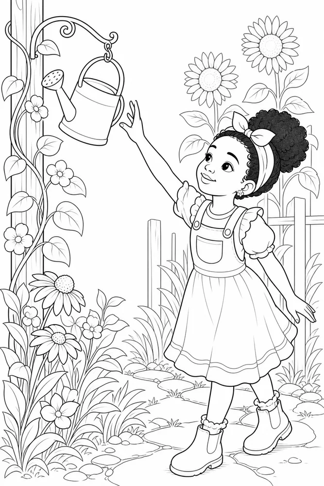 Black Girl Black girl garden setting coloring page