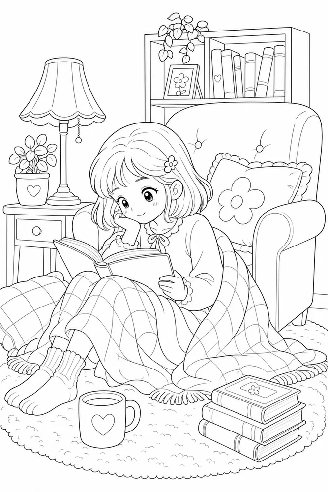 Cute Girl Cute girl cozy indoor moment coloring page