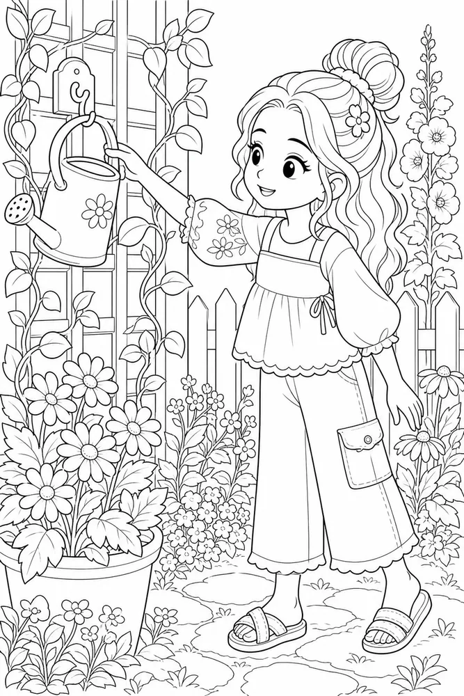 Cute Girl Cute girl garden setting coloring page