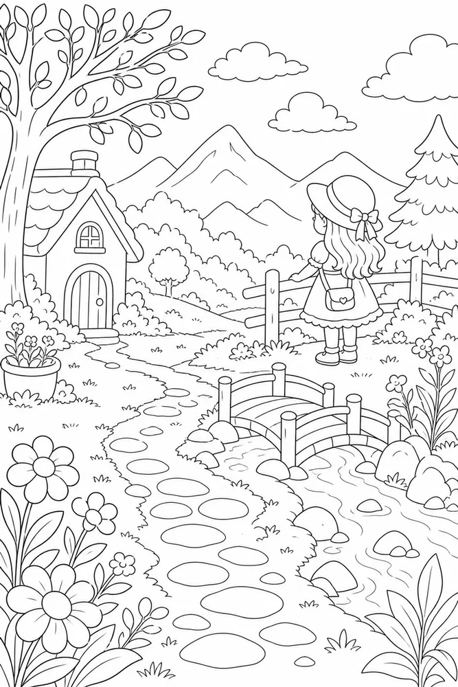 Cute Girl Cute girl habitat background coloring page