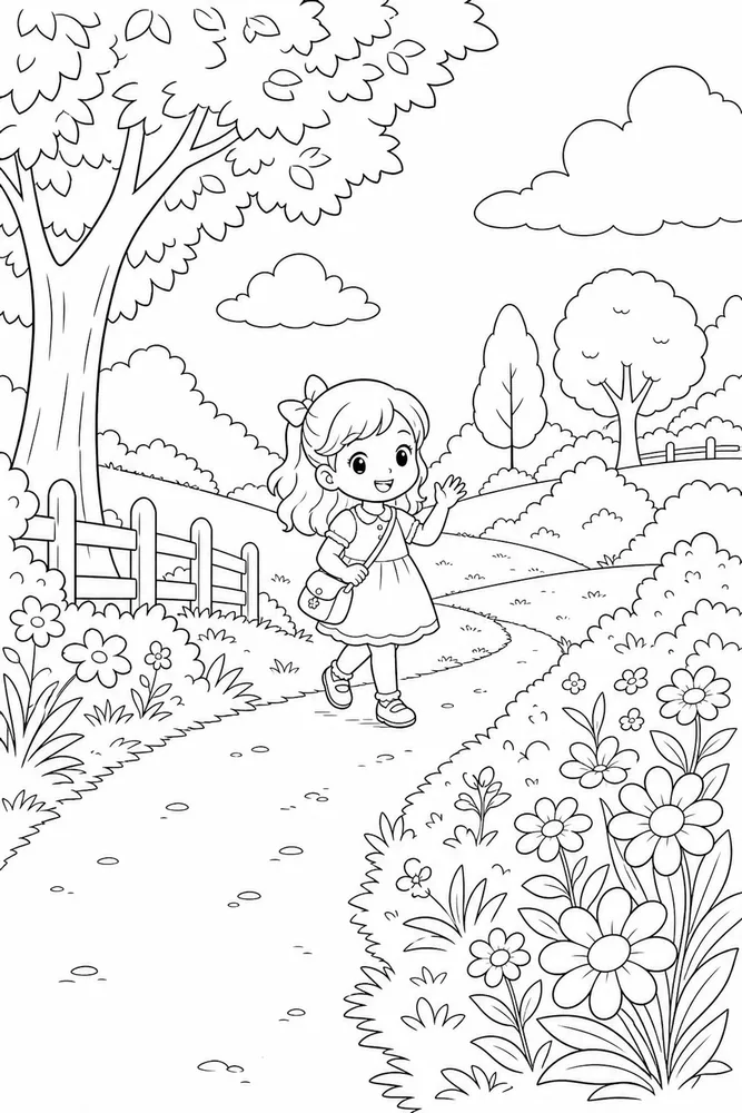 Cute Girl Cute girl outdoor path coloring page