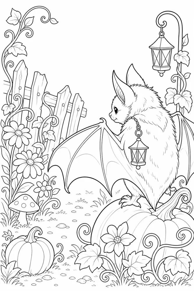Halloween Bat Halloween bat garden setting coloring page