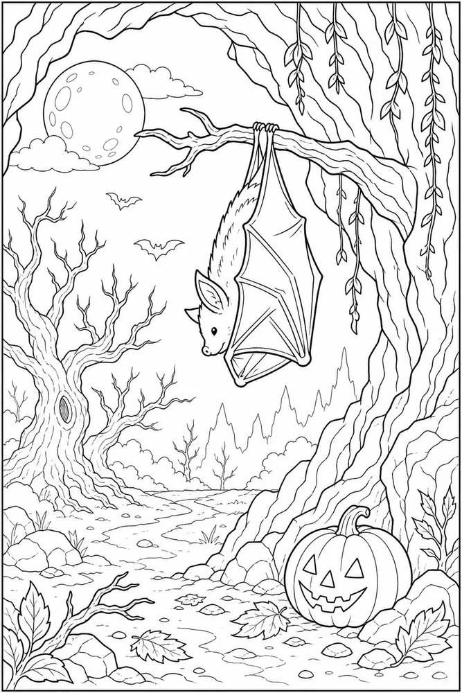 Halloween Bat Halloween bat habitat background coloring page