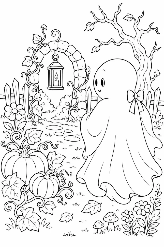 Halloween Ghost Halloween ghost garden setting coloring page