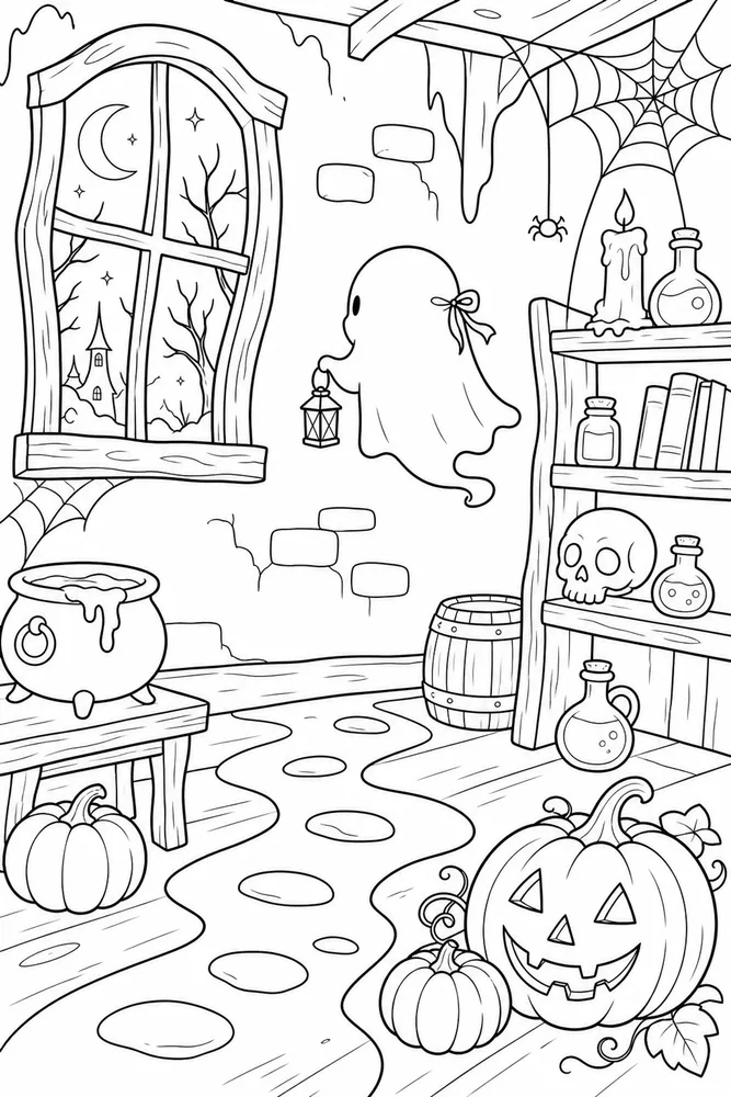 Halloween Ghost Halloween ghost habitat background coloring page