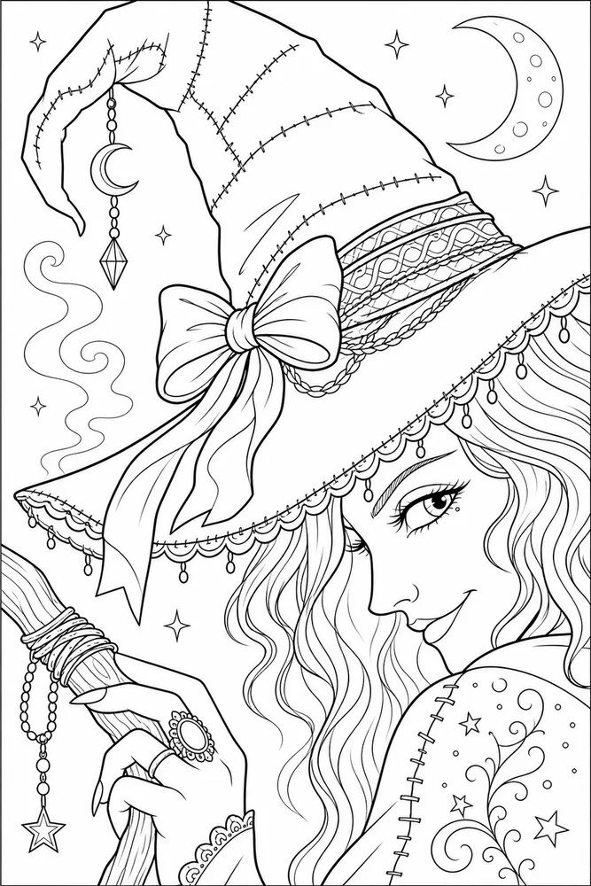 Halloween Witch Halloween witch close up detail coloring page