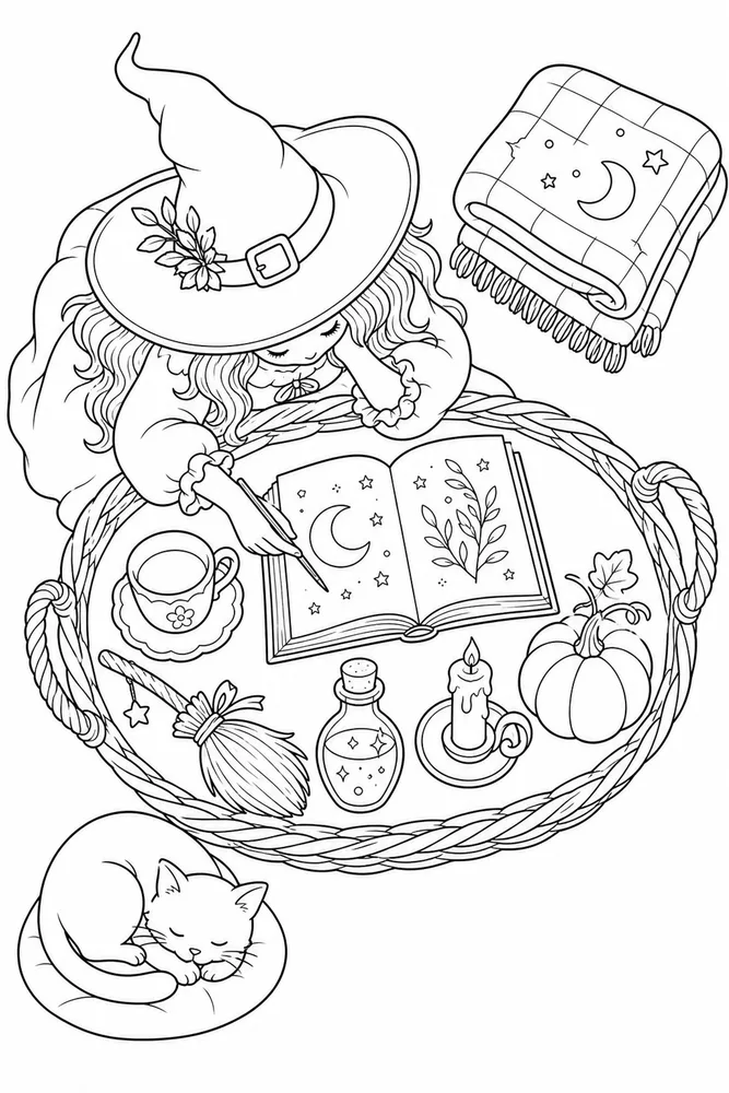 Halloween Witch Halloween witch cozy indoor moment coloring page