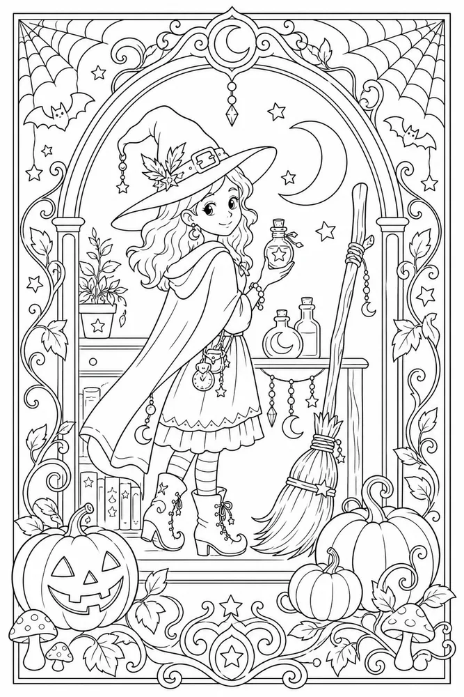 Halloween Witch Halloween witch decorative border coloring page