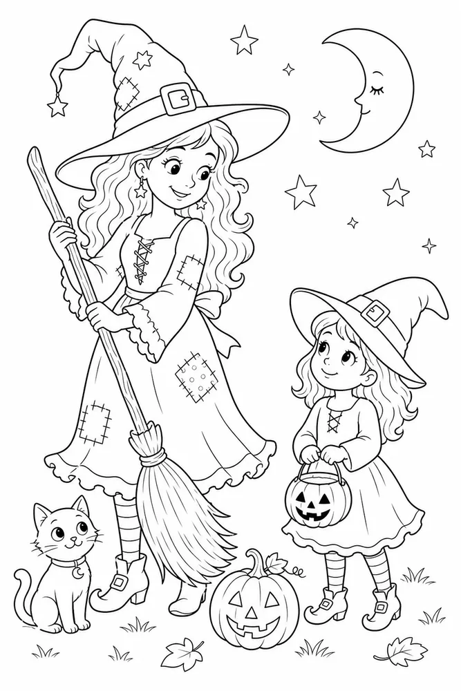 Halloween Witch Halloween witch family scene coloring page