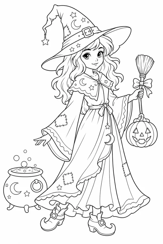 Halloween Witch Coloring Pages preview: Halloween Witch Halloween witch front portrait coloring page