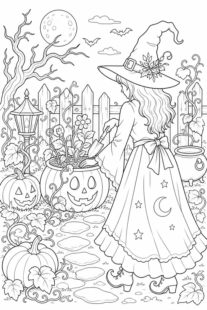 Halloween Witch Halloween witch garden setting coloring page