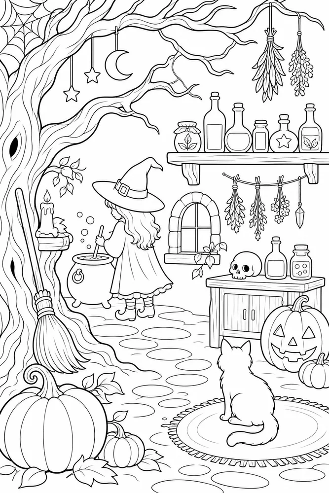 Halloween Witch Halloween witch habitat background coloring page