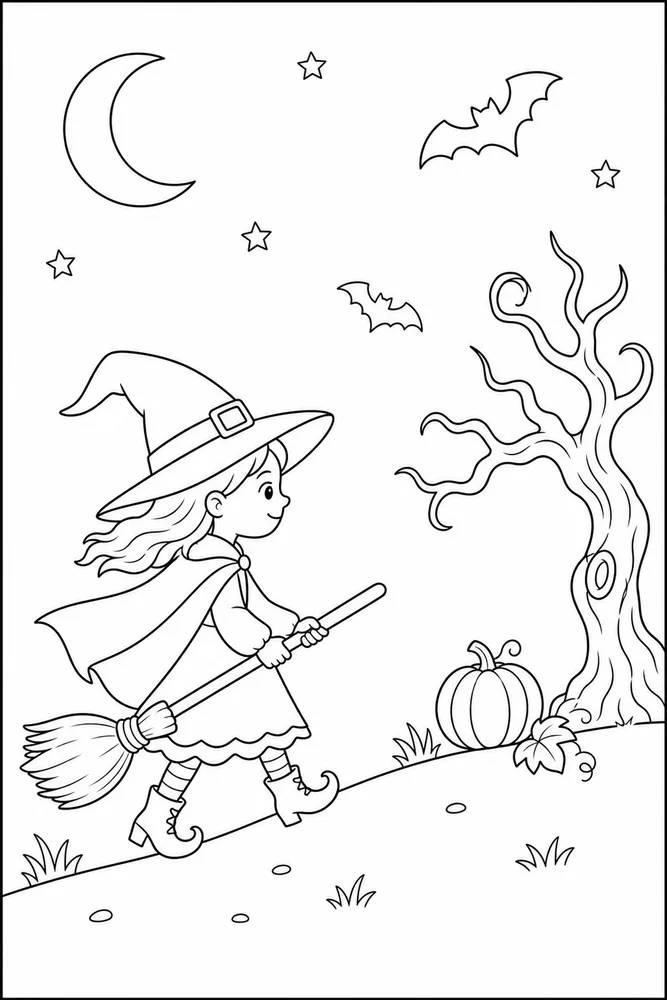 Halloween Witch Halloween witch simple scene coloring page