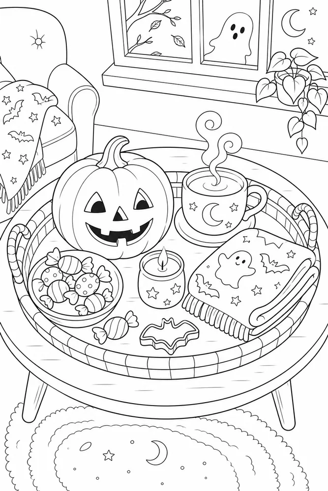 Spooky Halloween Spooky halloween cozy indoor moment coloring page