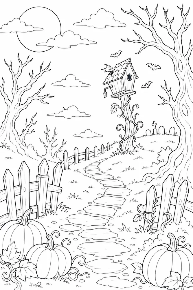 Spooky Halloween Spooky halloween habitat background coloring page