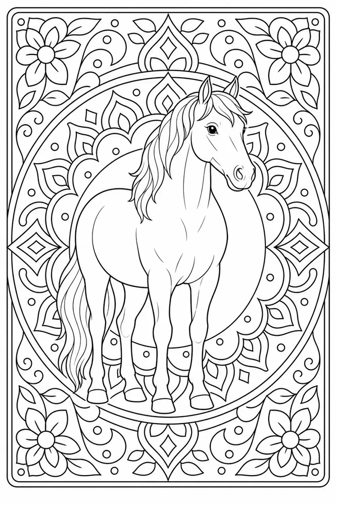 Adult Horse Balanced Mandala Frame coloring page