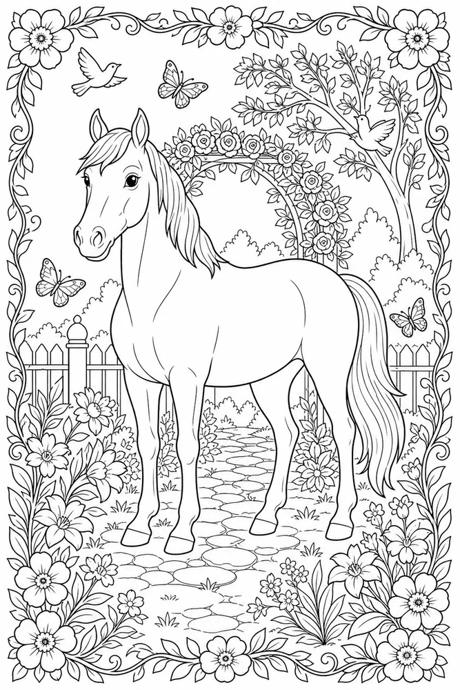 Adult Horse Detailed Garden Frame coloring page
