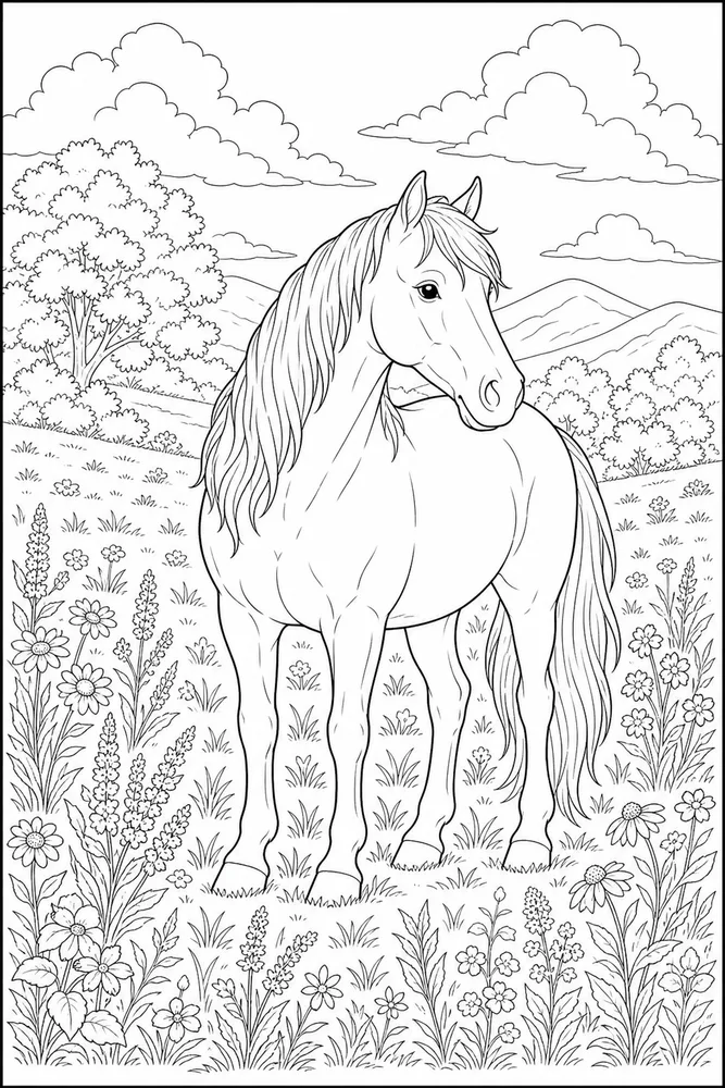 Adult Horse Detailed Meadow coloring page