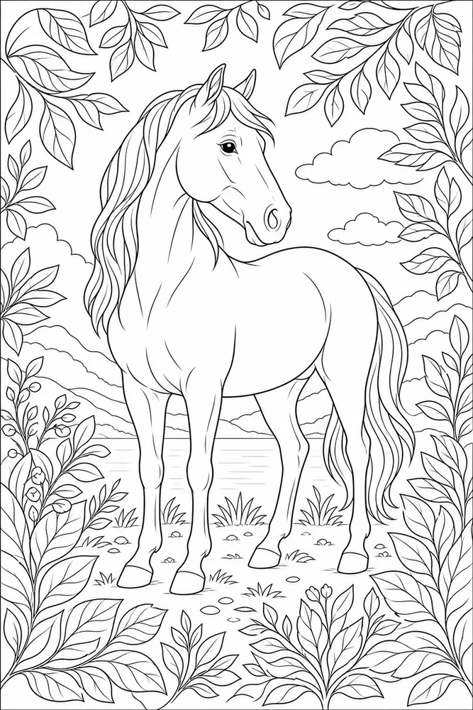 Adult Horse Intricate Leaves coloring page