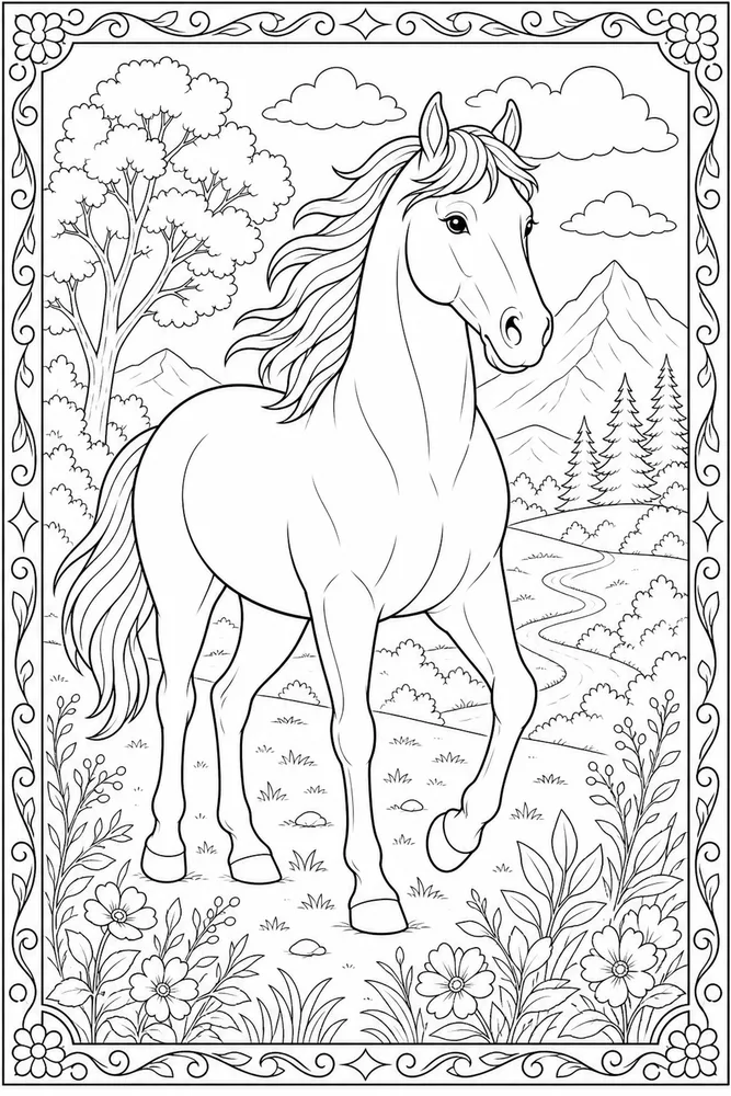 Adult Horse Line Pattern Border coloring page