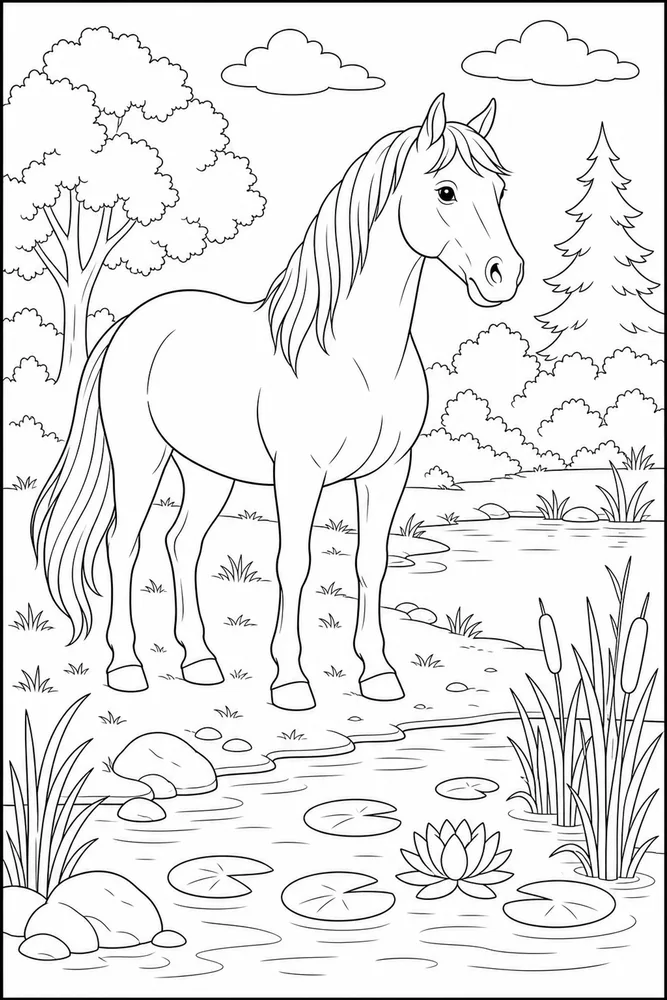 Adult Horse Quiet Pond coloring page