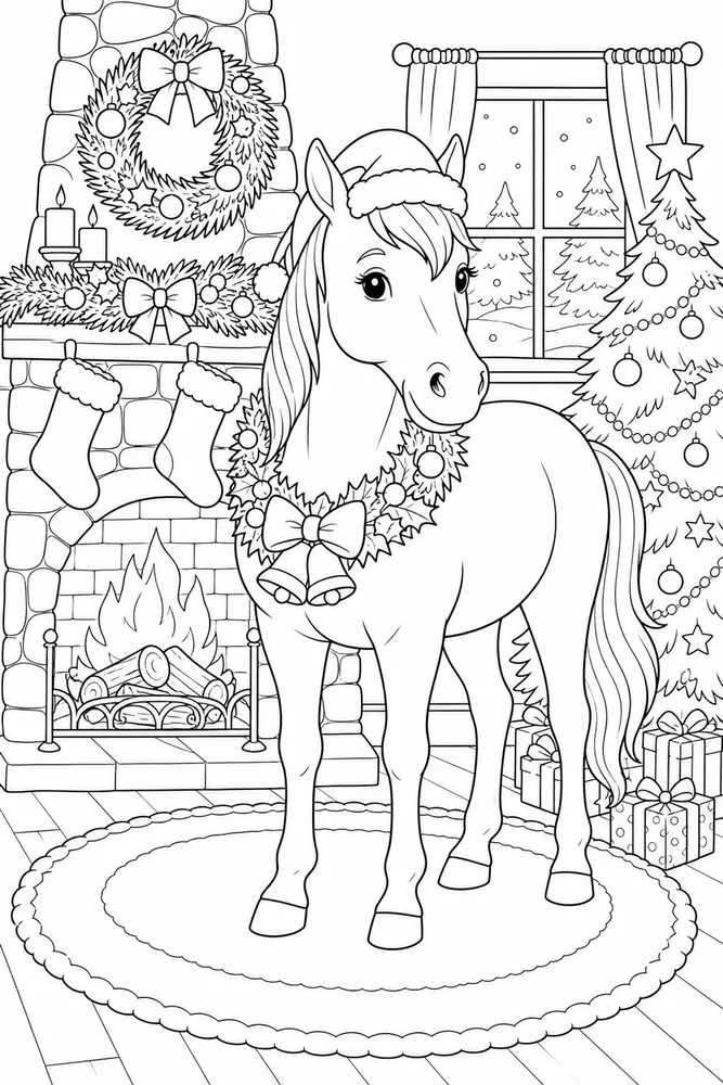 Christmas Horse Fireplace Without Text coloring page