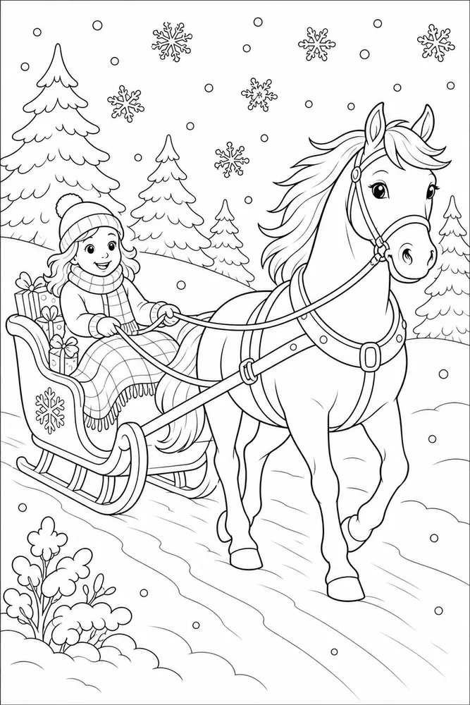 Christmas Horse Sled Scene coloring page