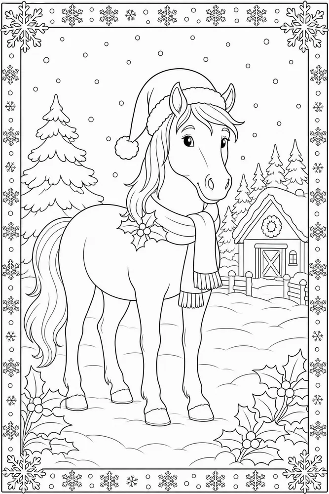 Christmas Horse Snowflake Border coloring page