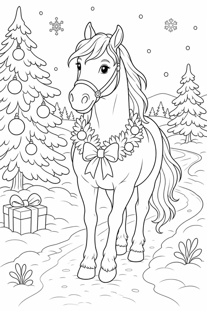 Christmas Horse Snowy Path coloring page