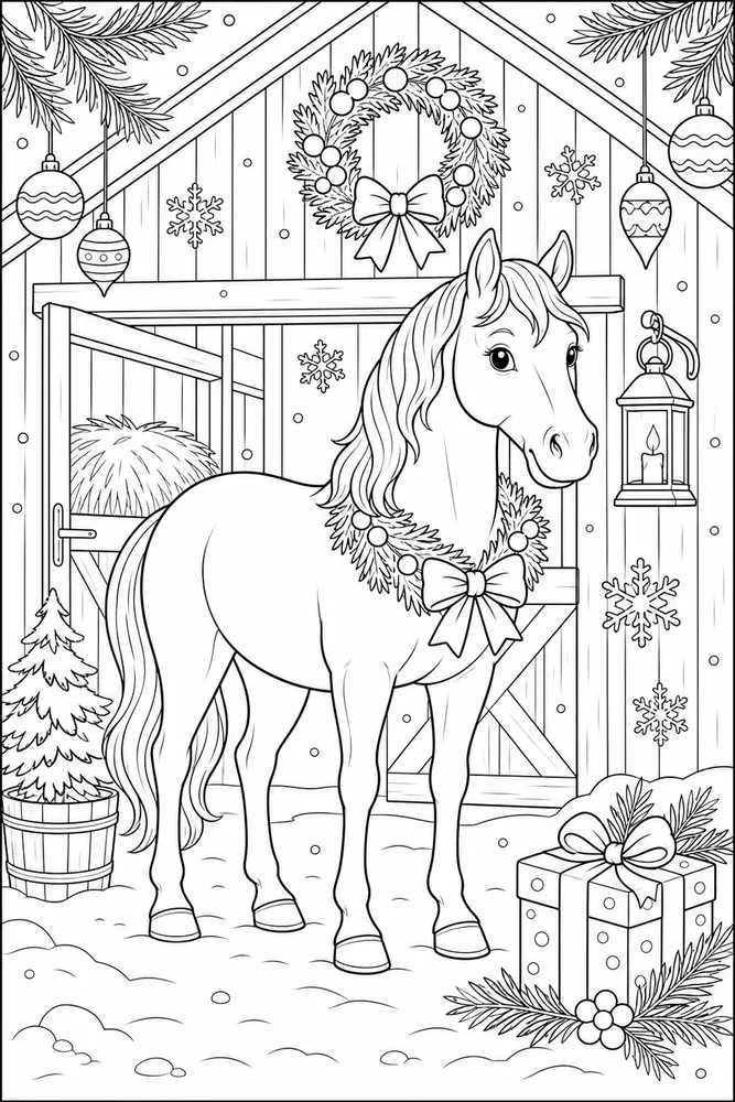 Christmas Horse Stocking Free Cozy Scene coloring page