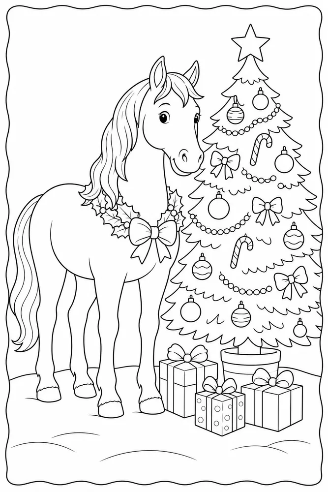Christmas Horse Tree Beside Subject coloring page
