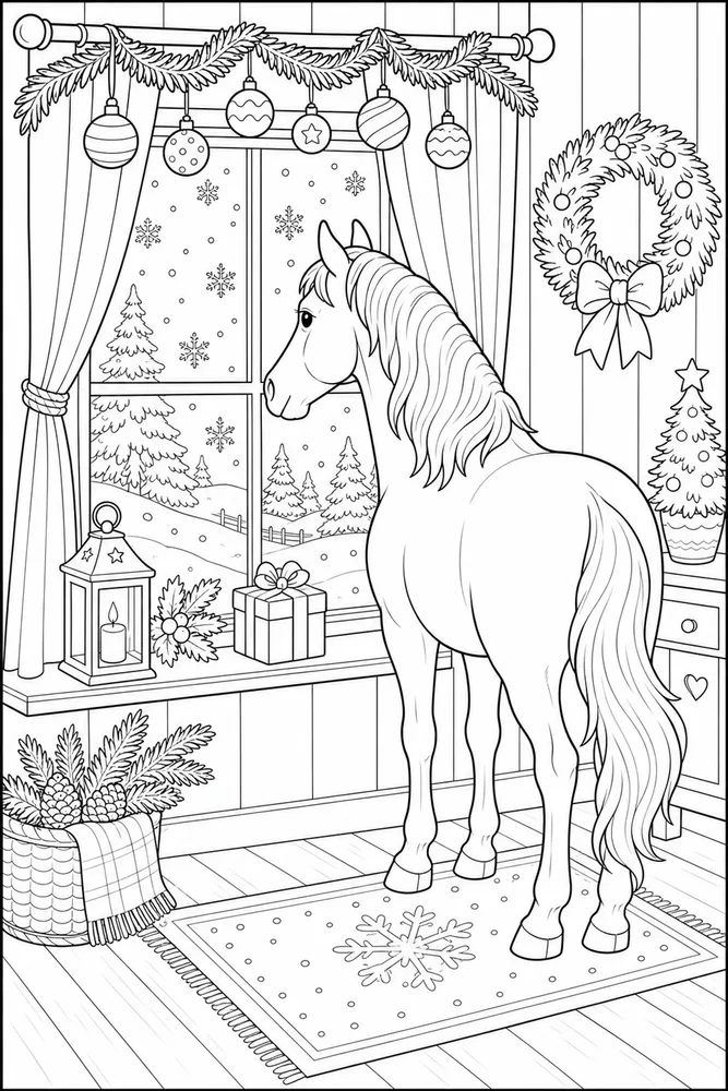 Christmas Horse Winter Window coloring page