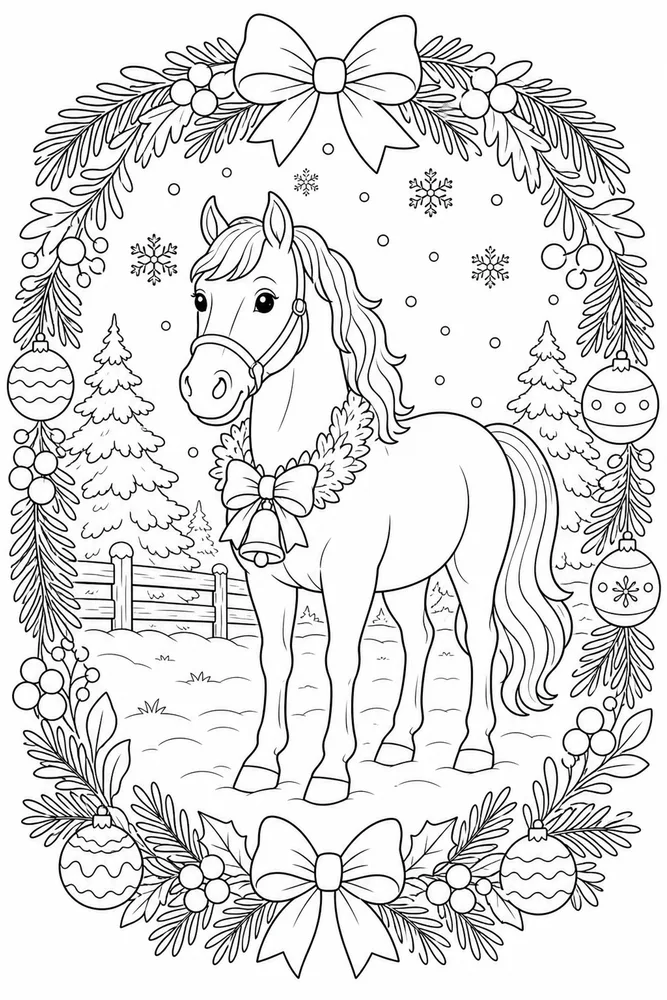 Christmas Horse Wreath Frame coloring page