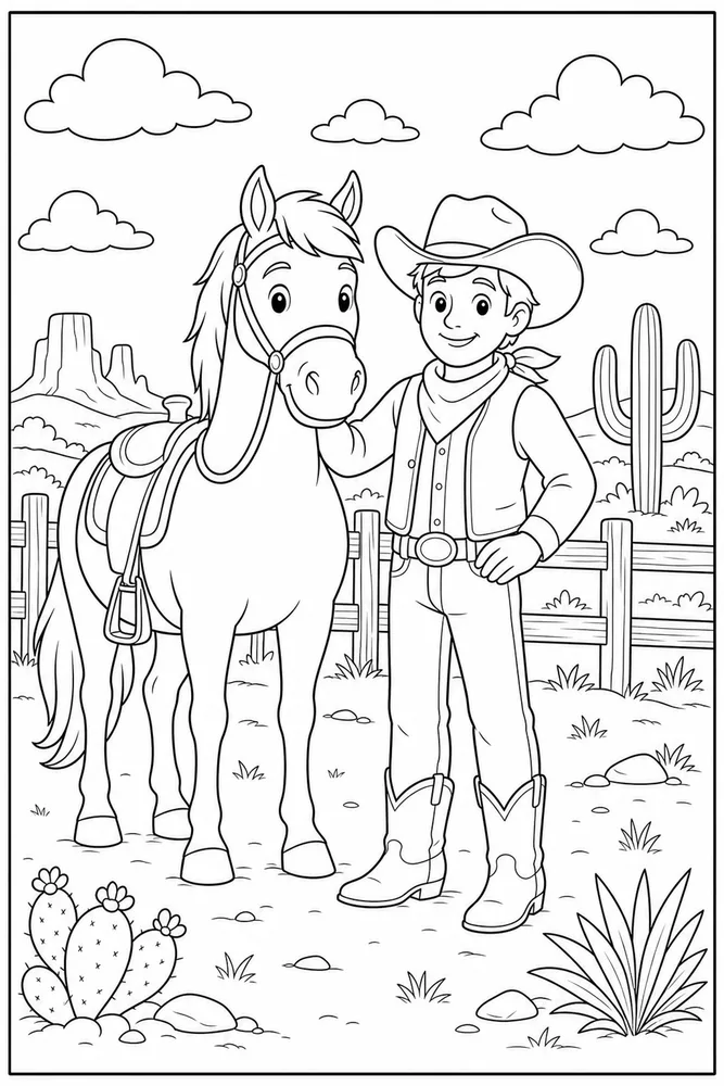 Cowboy Horse Campfire Free Scene coloring page