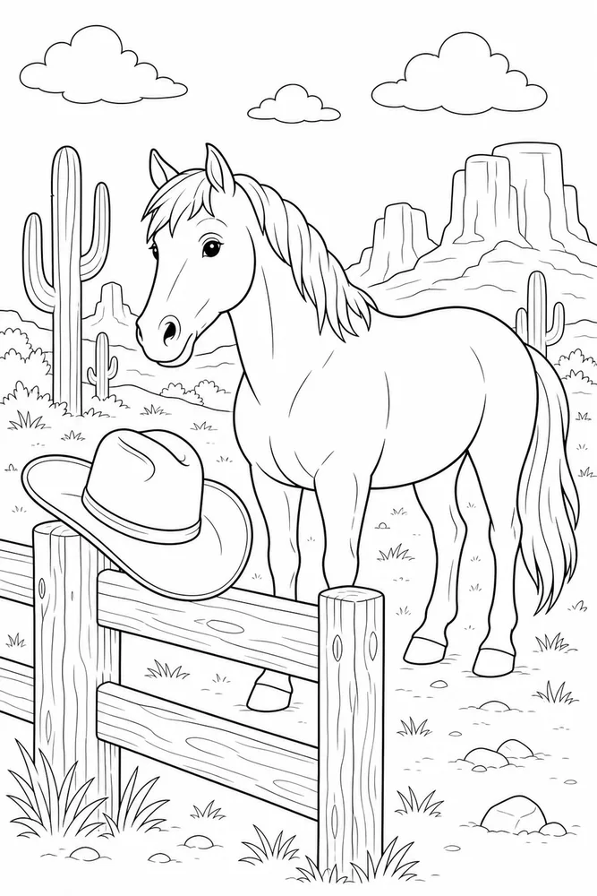 Cowboy Horse Cowboy Hat On Fence coloring page