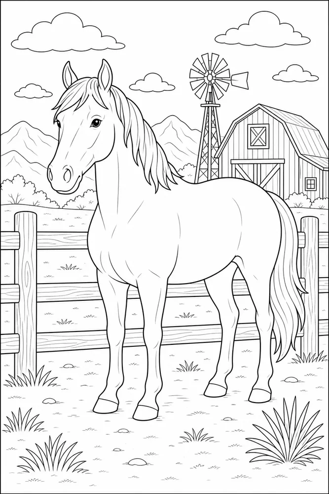 Cowboy Horse Horse Beside Ranch Rail coloring page