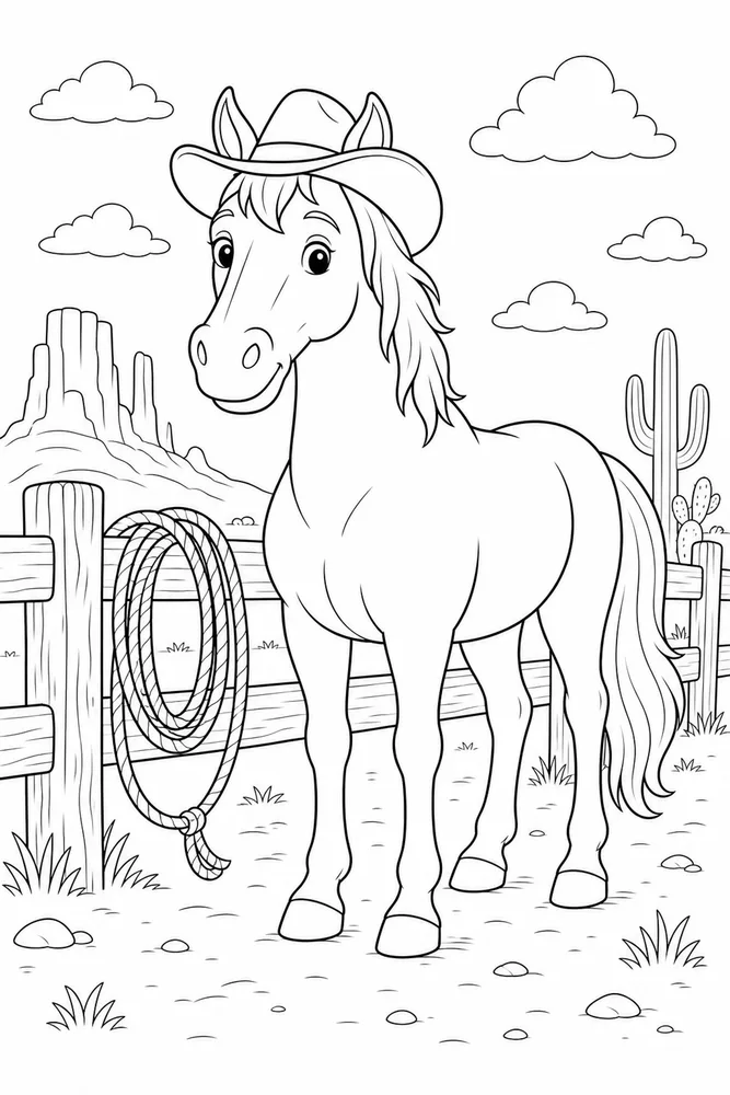 Cowboy Horse Lasso On Fence coloring page