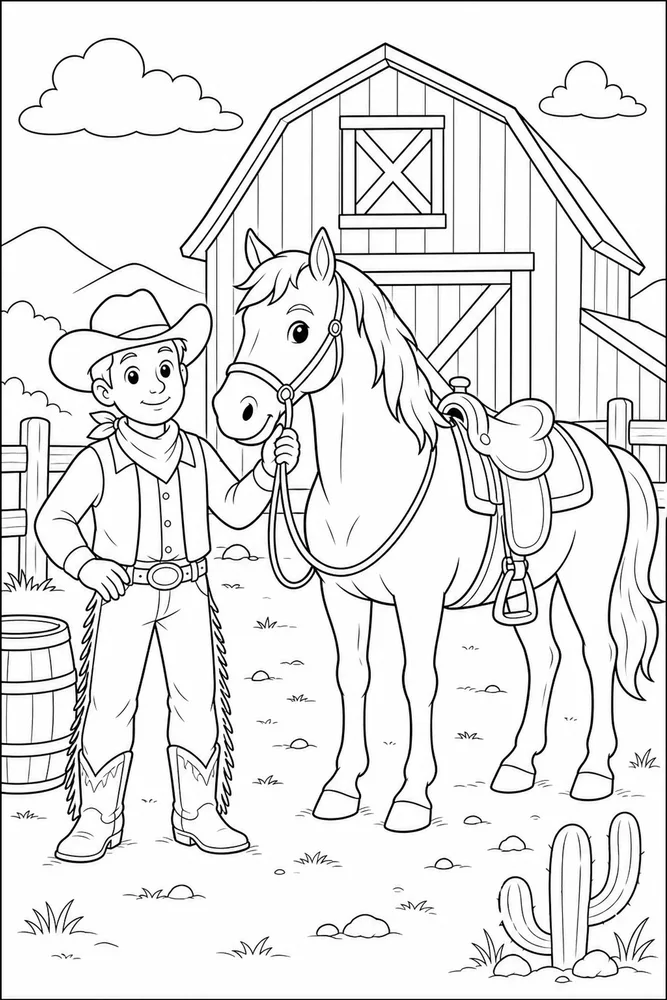 Cowboy Horse Western Barn coloring page